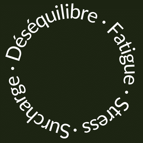 Badge circulaire avec les mots stress, surcharge, déséquilibre et fatigue.